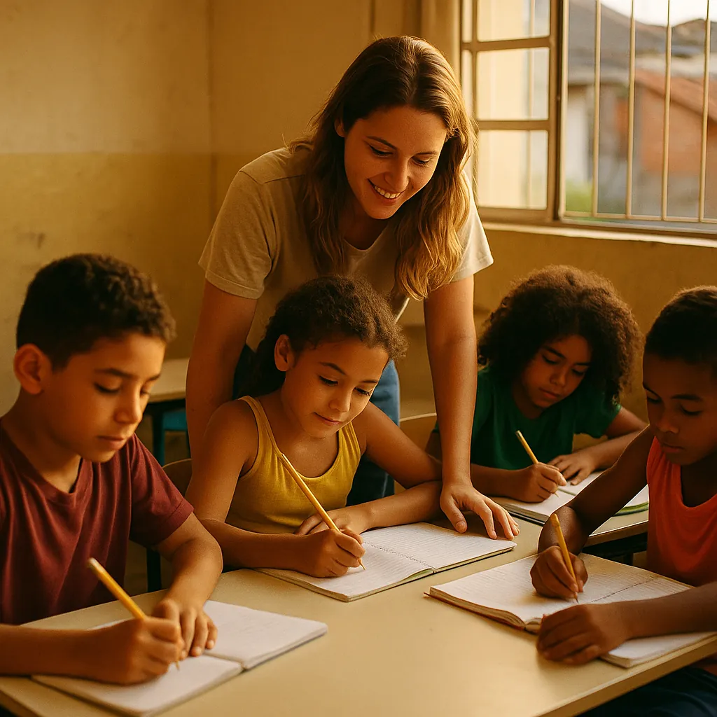 Crianças fazendo atividades escolares em uma sala comunitária, acompanhadas por uma professora voluntária