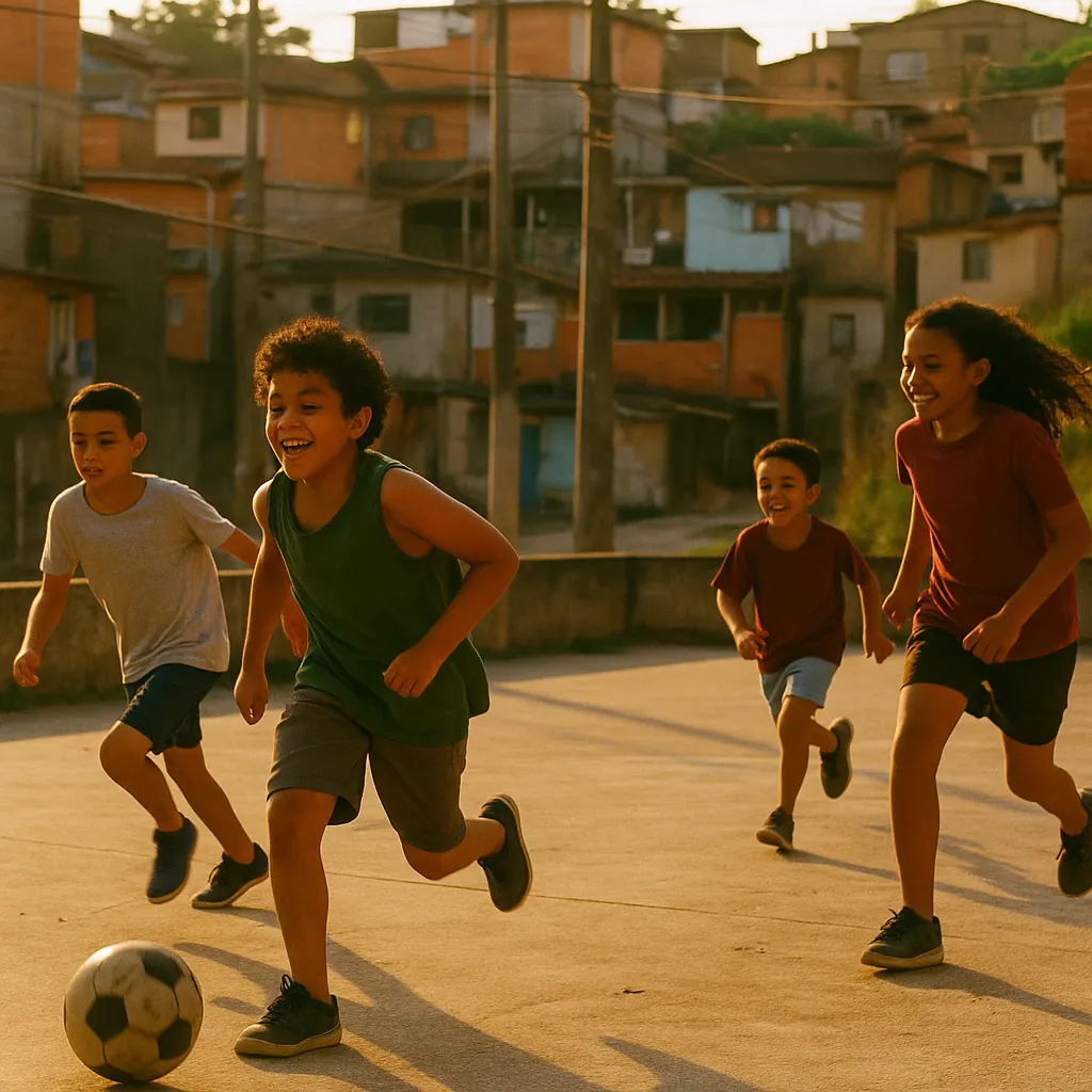 Crianças e adolescentes jogando futebol em uma quadra de bairro no fim da tarde