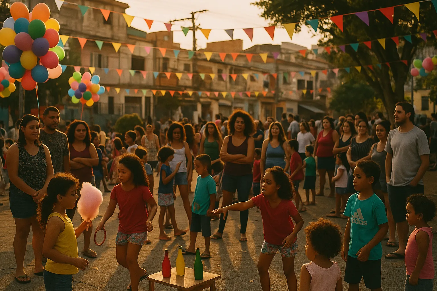 Festa comunitária do Dia das Crianças em praça pública, com balões coloridos, brincadeiras e famílias reunidas