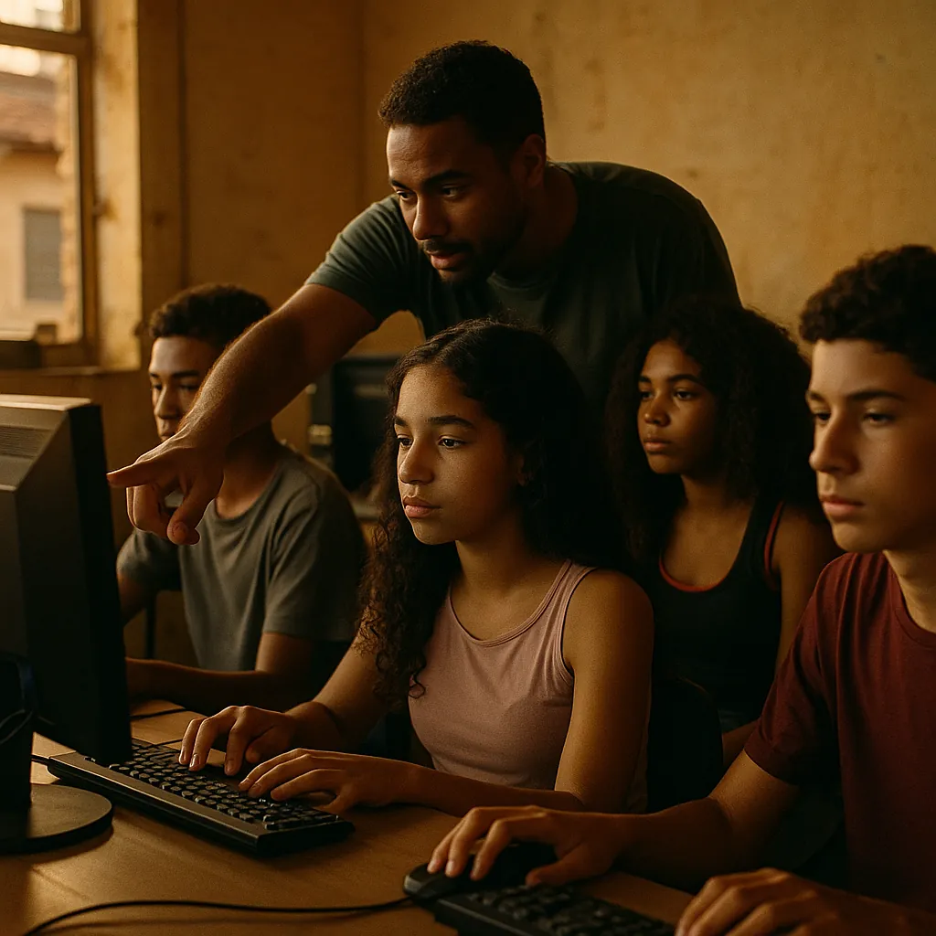 Adolescentes usando computadores em um laboratório de informática comunitário, com um mentor orientando