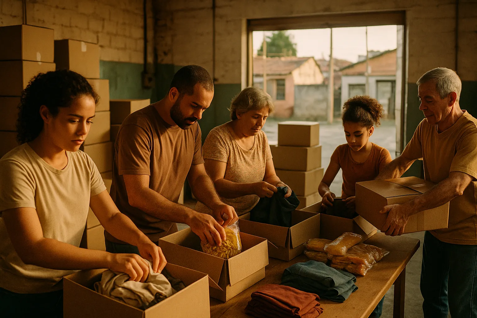 Voluntários organizando e embalando caixas de doações de alimentos e roupas em um salão comunitário